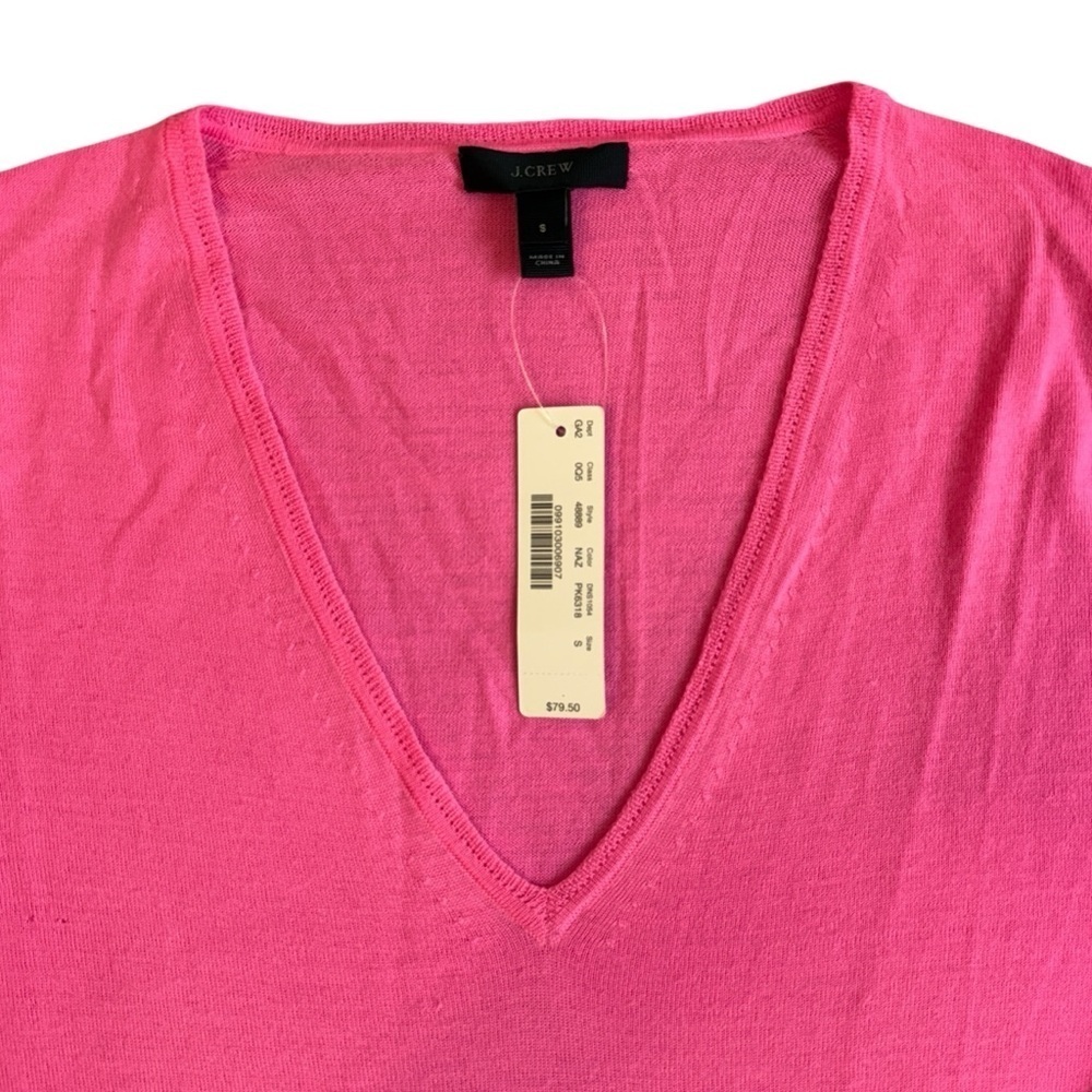 J. Crew Vibrant Pink V-Neck 100% Merino Wool Sweater 3/4 Sleeve Size S #1746 NWT - Picture 3 of 7